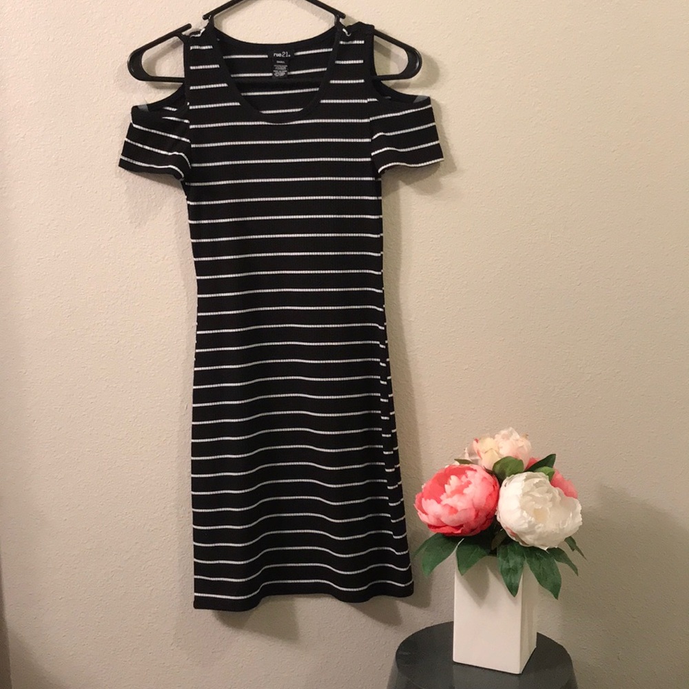 NWOT Black and white striped cold shoulder dress